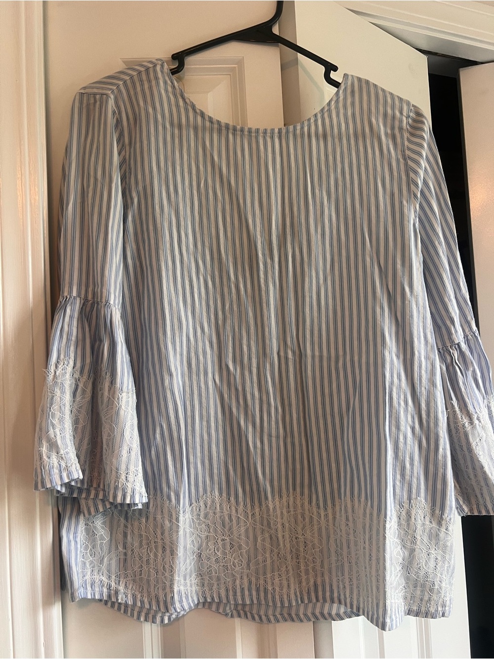 Striped Blue & White Lace-Hem Women's Blouse